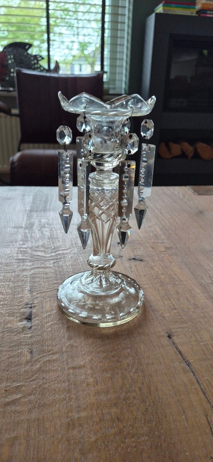 Antieke glazen kandelaar met kristallen, 23cm hoog, Antiek en Kunst, Ophalen of Verzenden, Glas