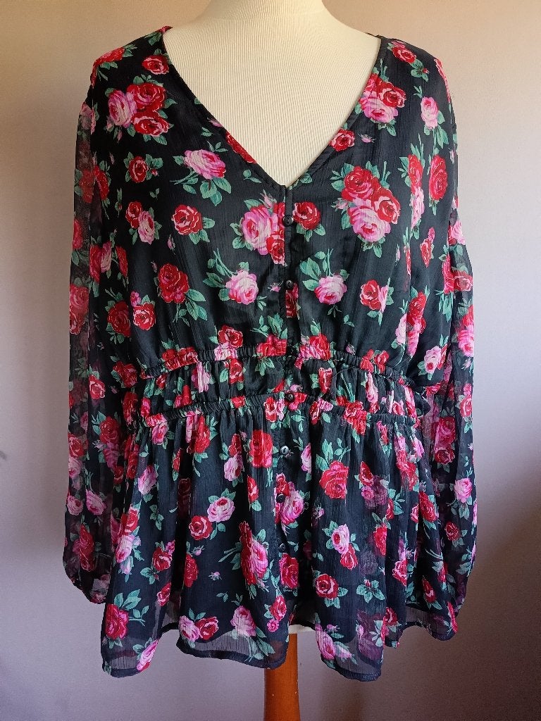 Nieuwe zwarte stretch blouse top rozen print C&A, maat 52, Kleding | Dames, Tops, Zwart, Maat 46/48 (XL) of groter, Nieuw, Ophalen of Verzenden