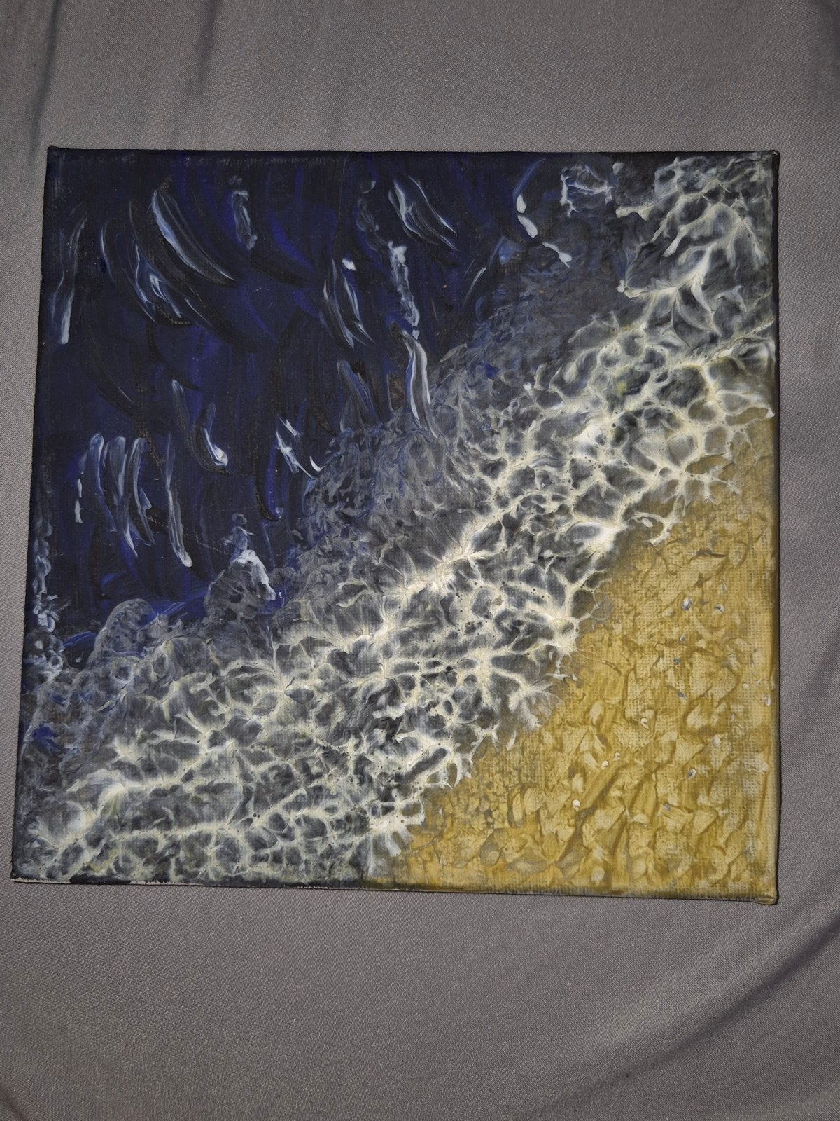 Handgeschilderd Acryl Schilderij: Zee met Strand (25x25 cm), Antiek en Kunst, Ophalen of Verzenden