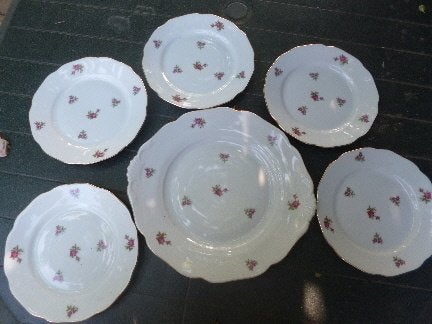 Gebakstel H & C met roze roosjes en sierlijk randje / goud, Antiek en Kunst, Ophalen of Verzenden