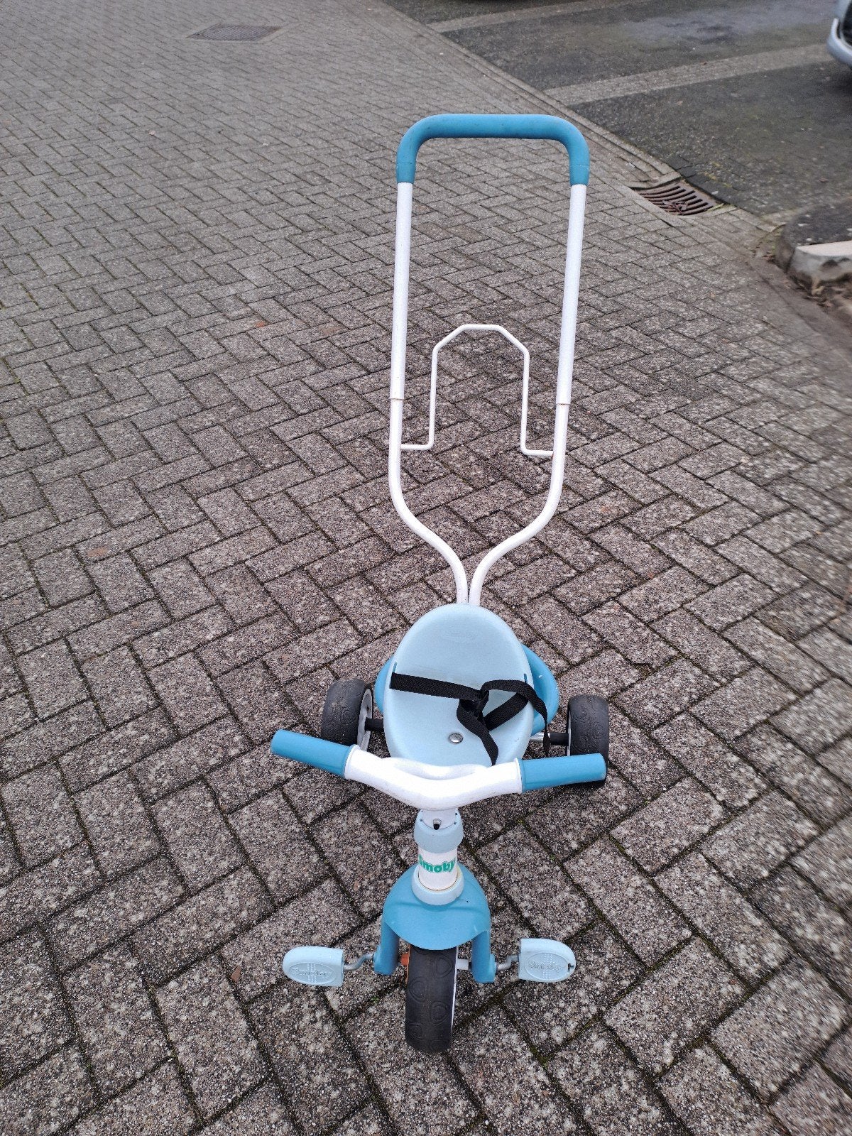 Stevige gebruikte blauwe Smoby loopfiets met duwstang., Ophalen, Duwstang