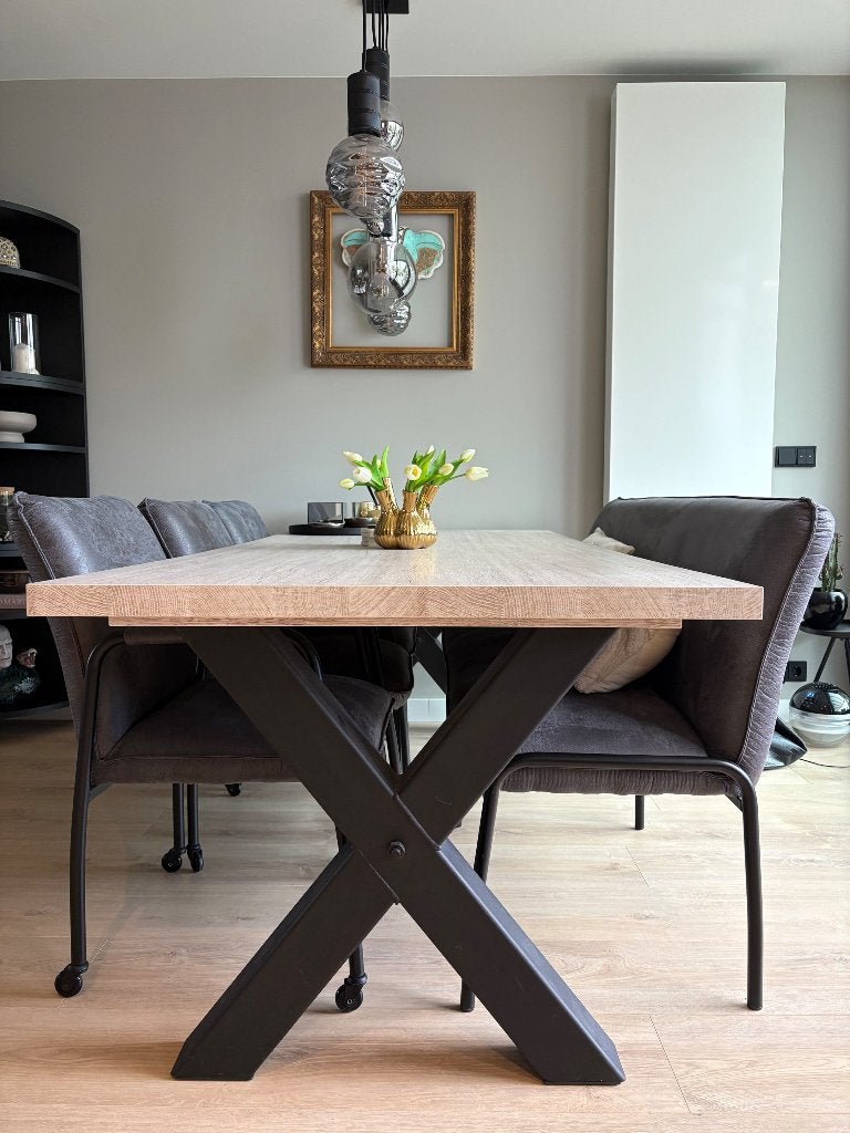 Eettafel met bijpassende stoelen + bank, Ophalen, Gebruikt, Overige materialen, 200 cm of meer