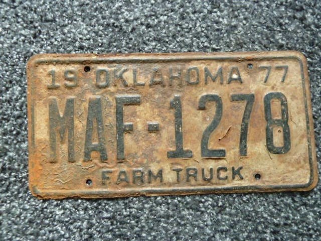 Kentekenplaat licenseplate Oklahoma Farm Truck 1977 USA, Verzenden, Gebruikt, Auto's