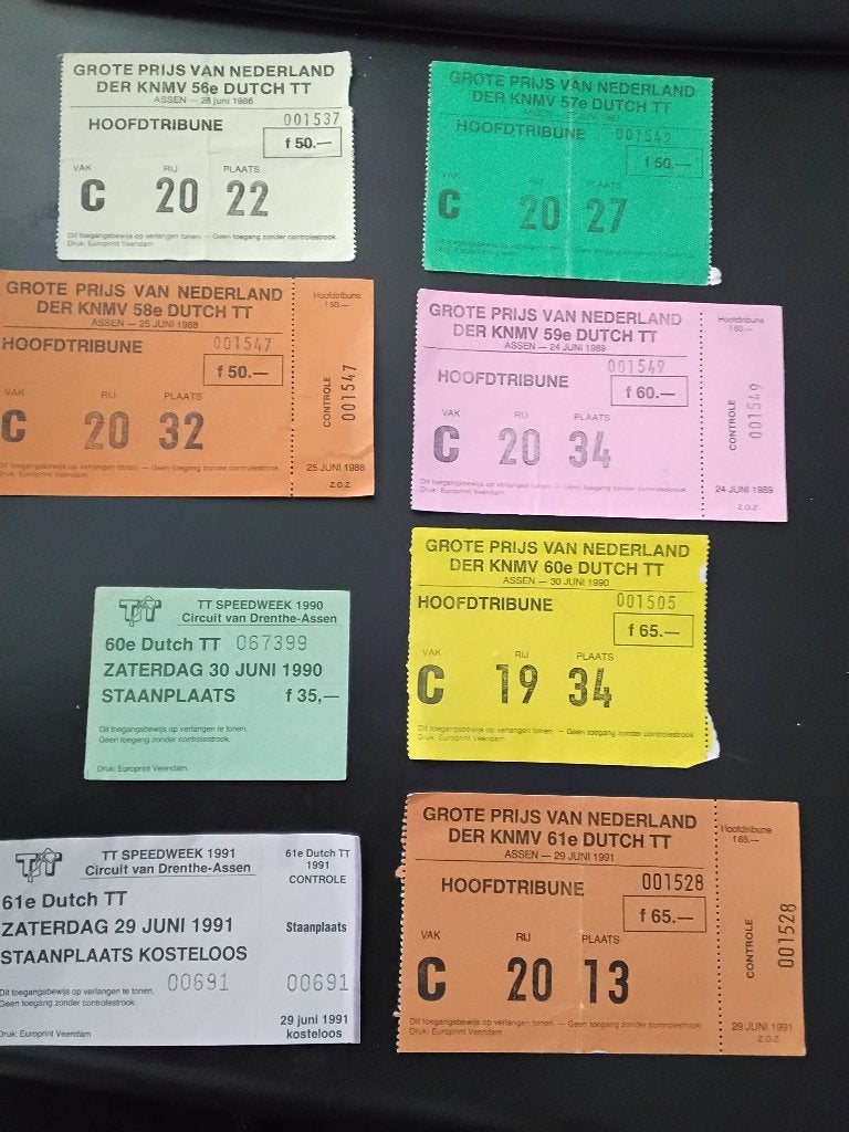 Tt assen hoofdtribune kaarten 1986 t/m 1991, Ophalen of Verzenden, Gebruikt, Motoren