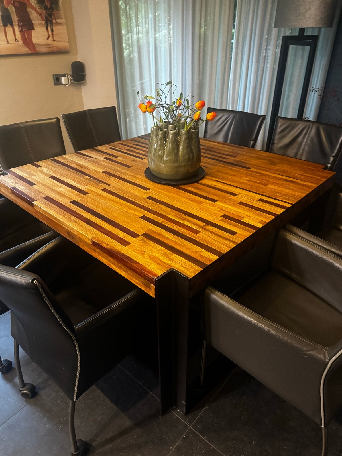 Linteloo eettafel Henk Vos - 140x140 met metalen poten, Huis en Inrichting, Ophalen, Gebruikt, 100 tot 150 cm, Vierkant
