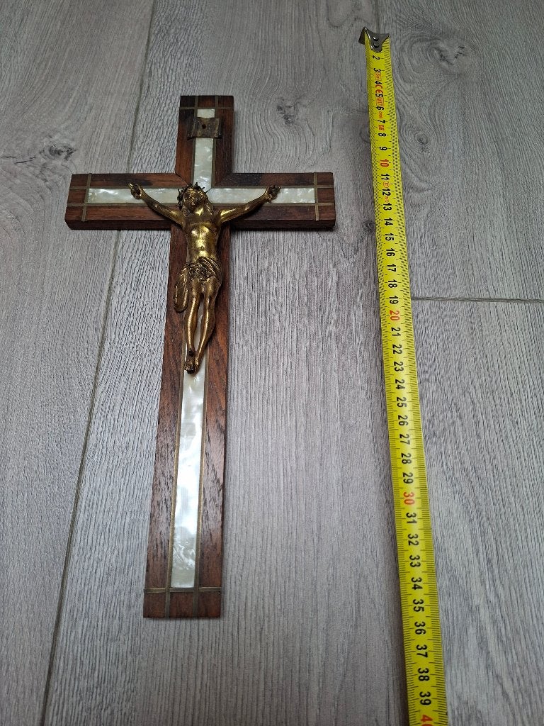 Ebbenhouten Crucifix (Messing Marqueterie en Parelmoer), Ophalen of Verzenden
