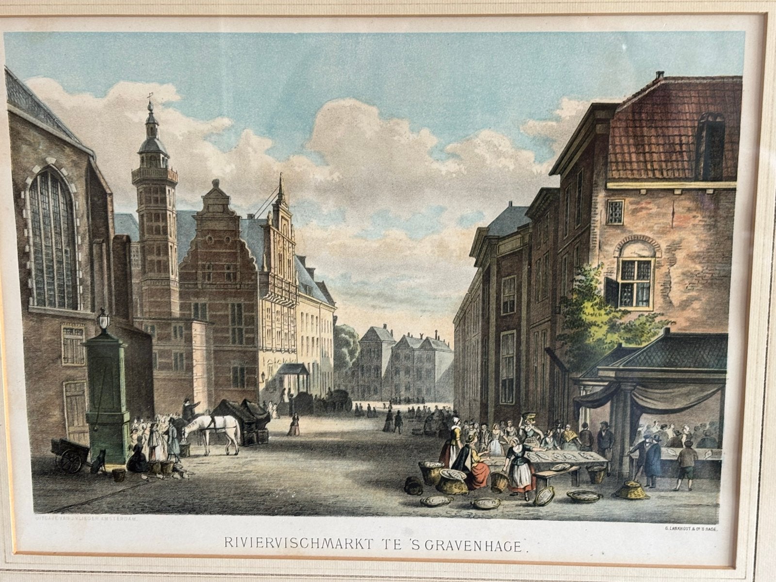 Antieke lithografie Rivier Vischmarkt Den Haag, Antiek en Kunst, Kunst | Etsen en Gravures, Handgekleurd, 1800 - 1899, Stadsgezicht