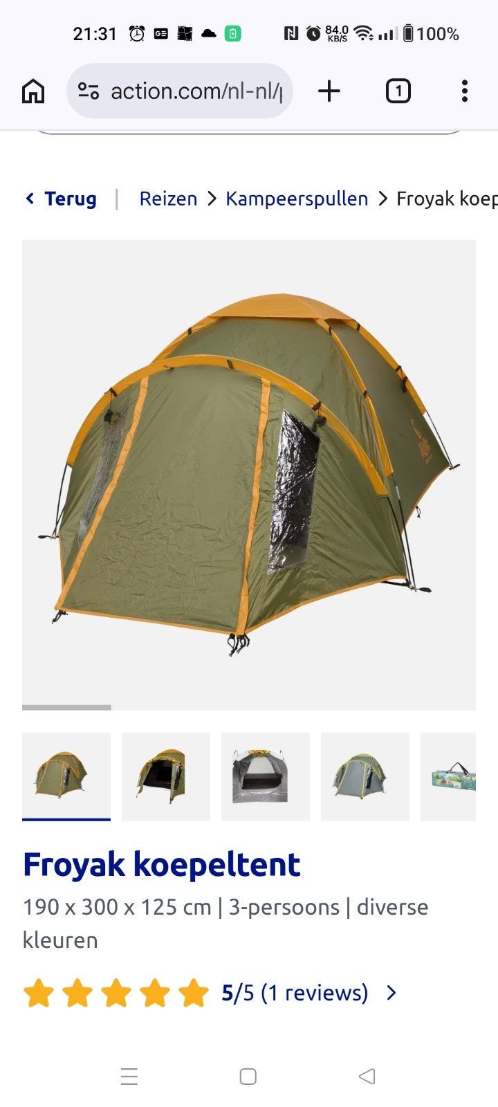 koepel tent action 3 personen, Ophalen of Verzenden, Zo goed als nieuw, Tot en met 3