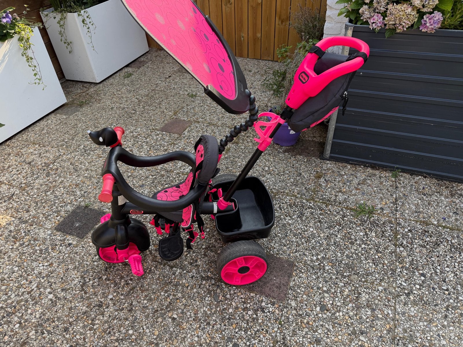 Little Tikes driewieler roze met duwstang en zonnekap, Ophalen, Gebruikt, Velgrem, Duwstang
