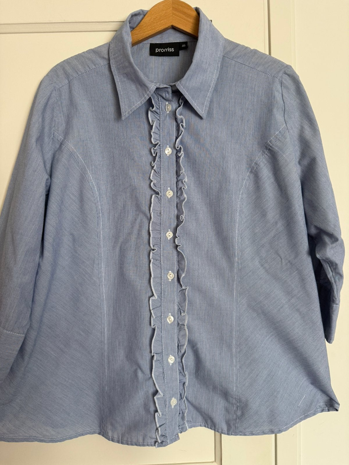 Promiss blauwe blouse met roezel mt 46, Ophalen of Verzenden, Zo goed als nieuw, Maat 46/48 (XL) of groter, Blauw