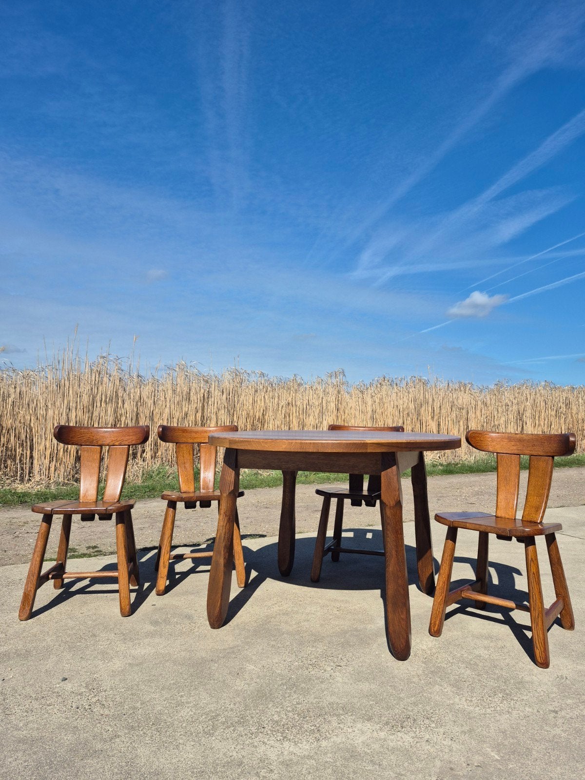Set vintage Depuydt eettafel met 4 stoelen eiken brutalist, Ophalen, Zo goed als nieuw, Brutalistisch belgisch design, 4 tot 6 stoelen