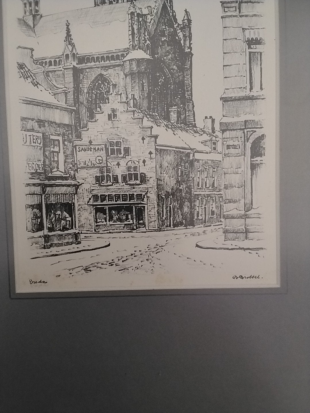 Ingelijste tekening van de Grote Kerk in Breda, Ophalen of Verzenden, Tekening, Pentekening, Gesigneerd