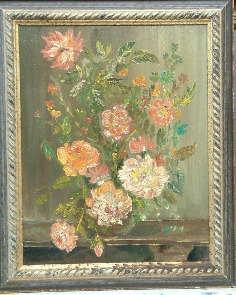 bloemen in vaas  30 x 40 cm olie verf, Antiek en Kunst, Bloemen, Doek, Ophalen of Verzenden, Gesigneerd