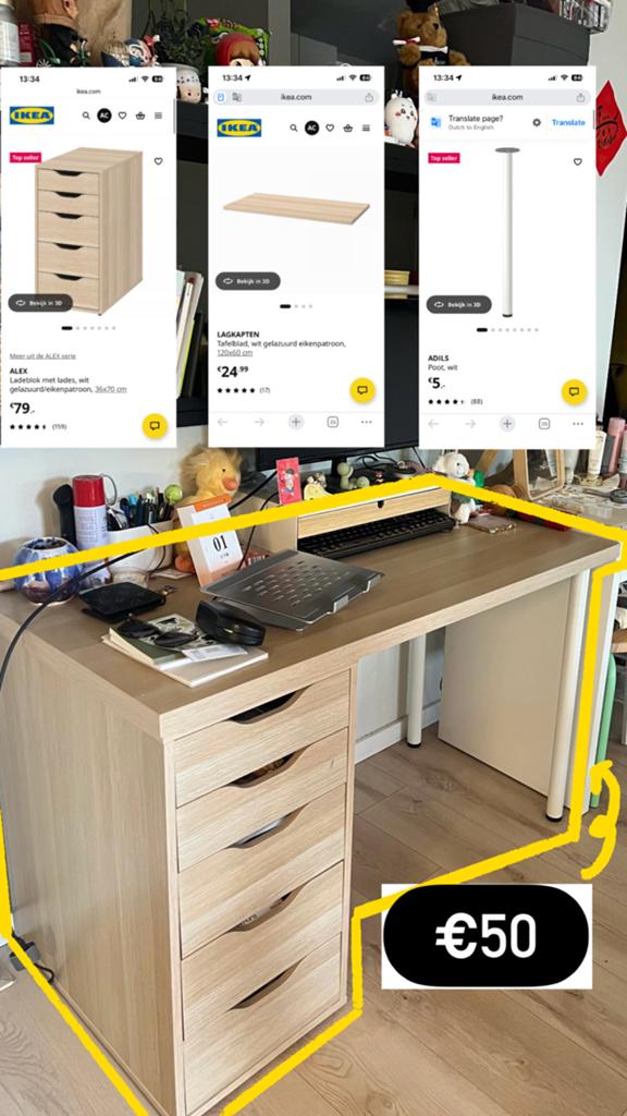 IKEA Bureau set: ALEX ladeblok, LAGKAPTEN blad, ADILS poten, Huis en Inrichting, Bureaus, Ophalen, Gebruikt, Met lades, Spaanplaat of MDF