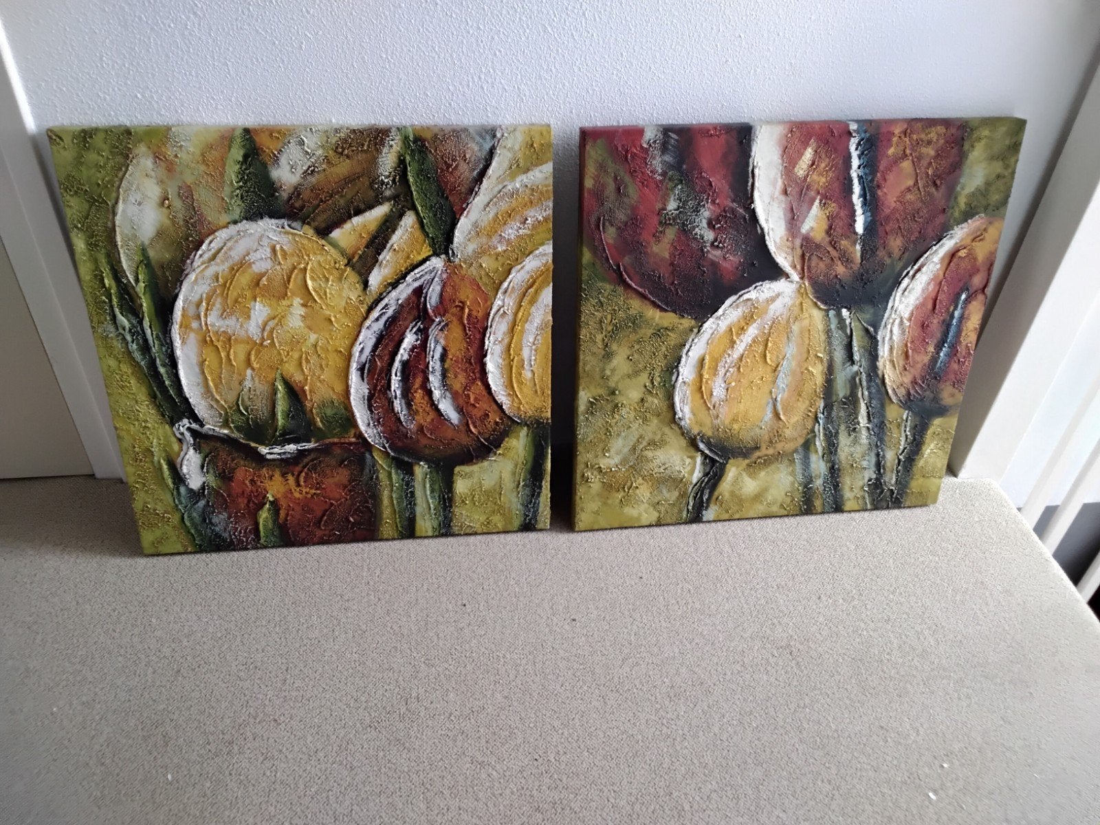 Set van 2 schilderijen met bloemen op doek, Olieverf, Handgeschilderd, Ophalen, Bloemen