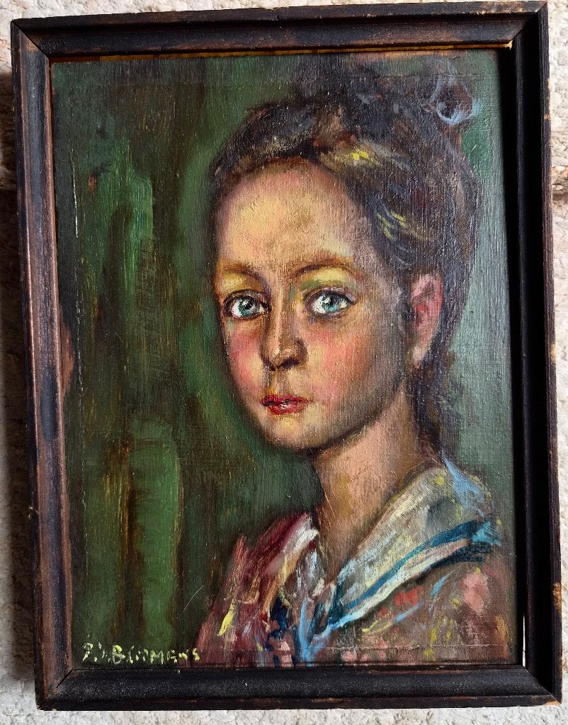 ~1930 Portret van een meisje met blauwe ogen, olieverf, ges., Paneel, Portret of Personen, Impressionistisch, Ophalen of Verzenden
