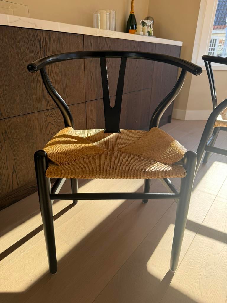 Wishbone stijl 6 eetkamerstoelen (set) zwart hout,gevlochten, Huis en Inrichting, Stoelen, Ophalen, Zwart, Carl & Hansen, Zo goed als nieuw