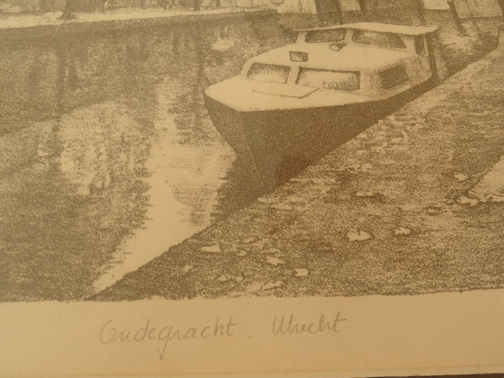 steendruk Oude Gracht met boot Utrecht monogram GP, 1983, Gesigneerd, Ophalen of Verzenden, Lithografie