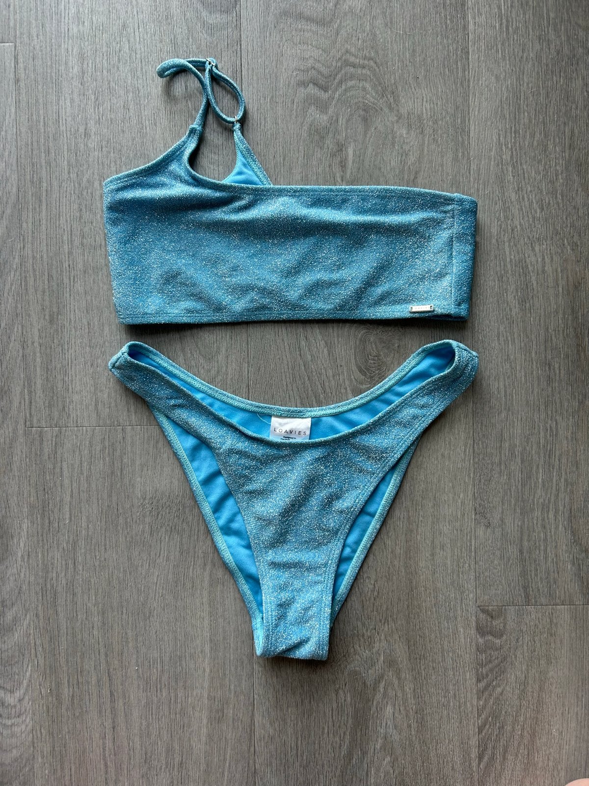 Nieuwe Loavies glitter bikini - lichtblauw, one-shoulder, S, Verzenden, Nieuw, Blauw, Bikini