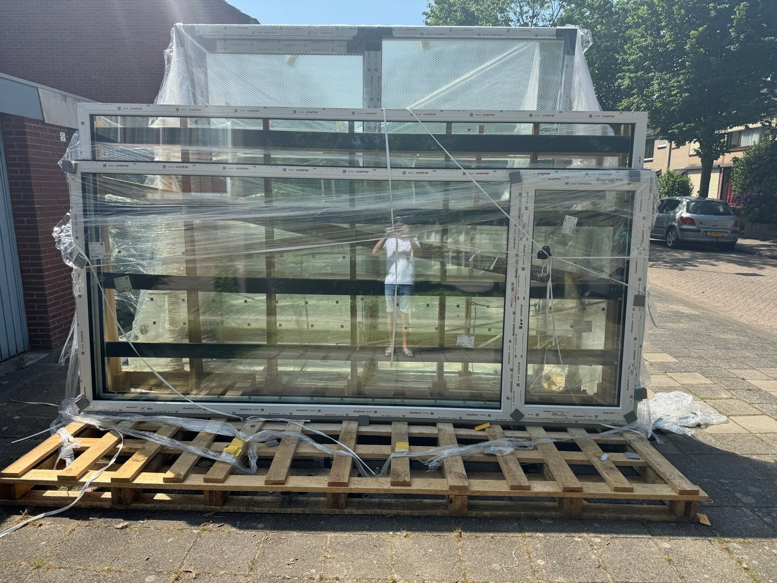 Nieuw kozijn met ruit 3470x1920 mm - Antraciet Houtnerf, Ophalen, Gevelraam of Ruit, Nieuw, 160 cm of meer
