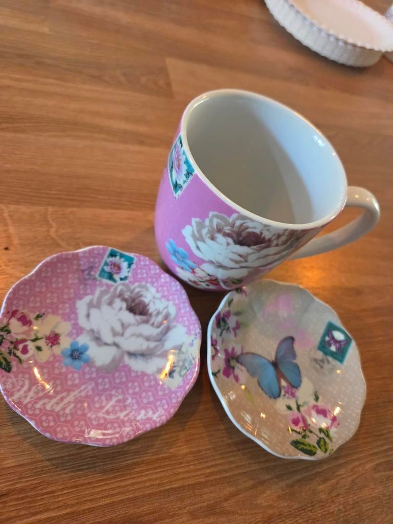 Mok en 2 theetipjes Accessorize - Roze met bloemenprint, Ophalen of Verzenden, Zo goed als nieuw