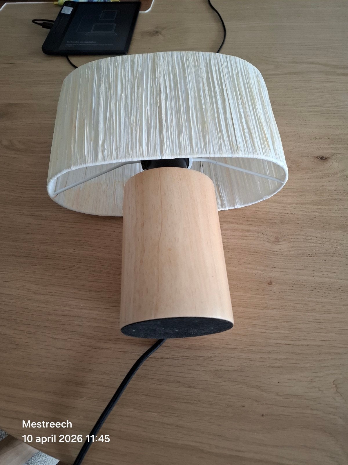 Tafellampje, raffia met eikenhouten voet , vorm ovaal, E27 (groot), Ophalen, Beige, Hout