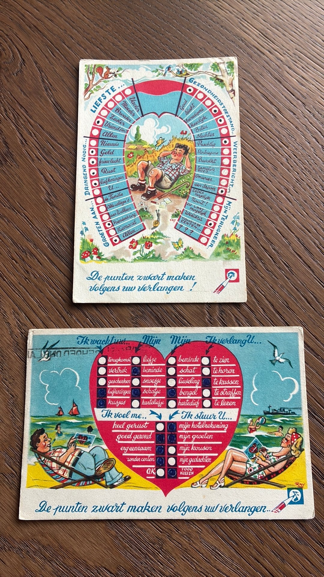 Punten zwart maken volgens uw verlangen. 2 kaarten, Ophalen of Verzenden, 1940 tot 1960, Gelopen
