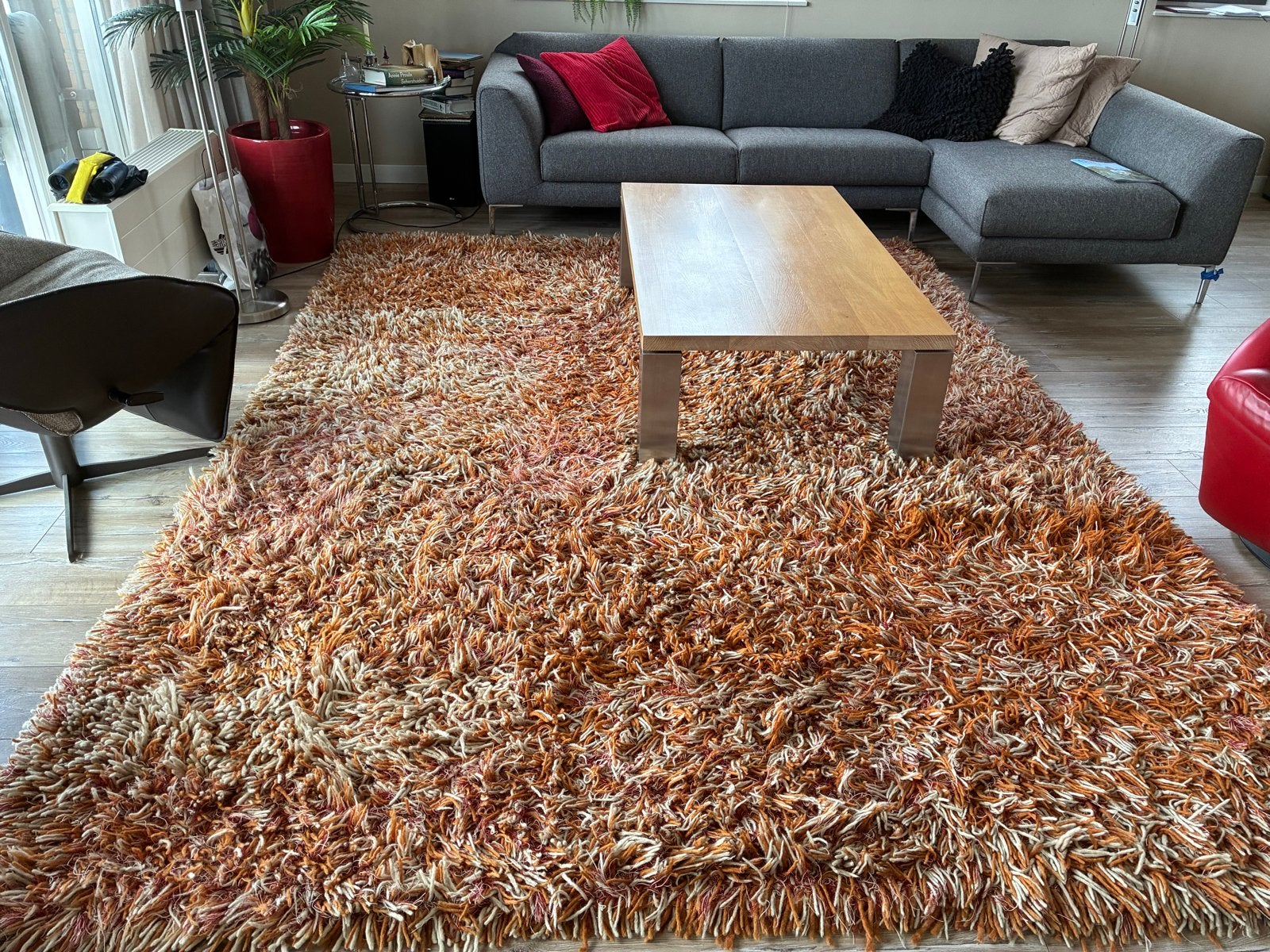 Gezellig Shaggy Vloerkleed - Oranje/Crème/Rood, Ophalen, Modern., Gebruikt, Rood