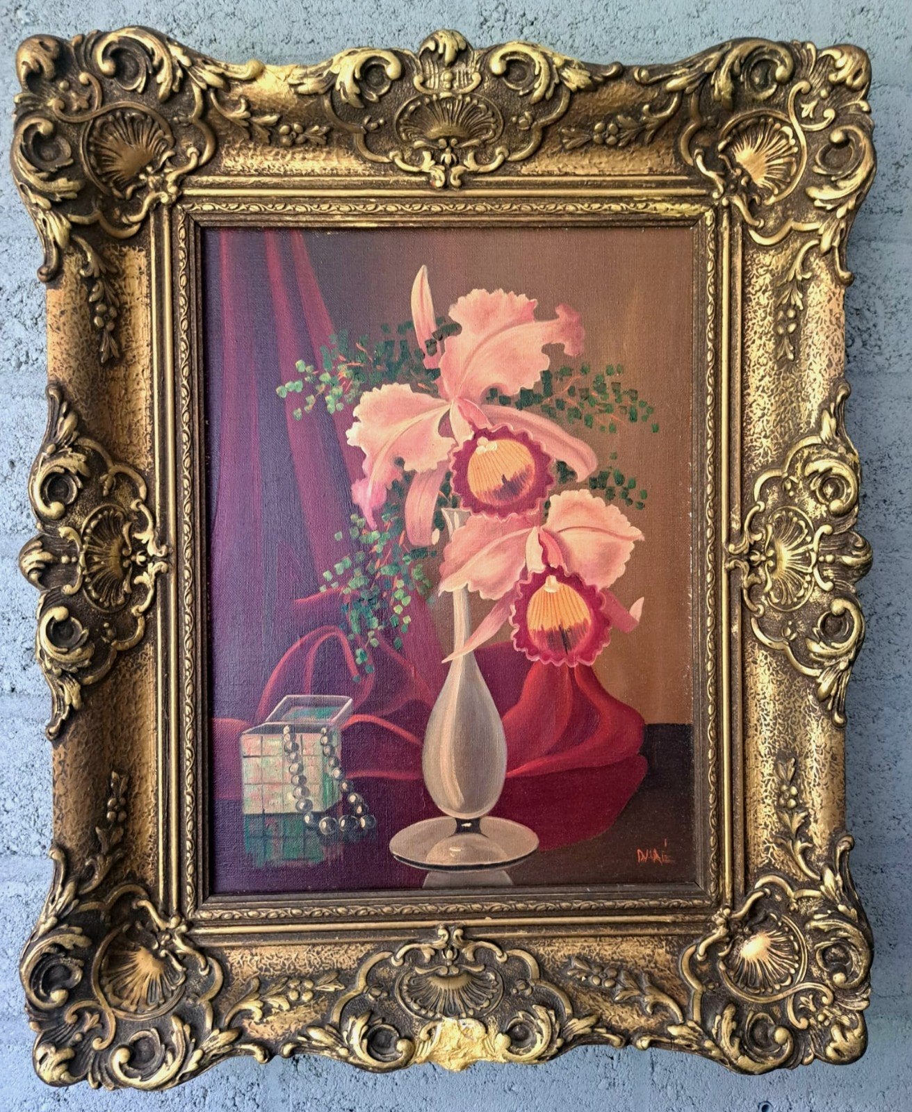 Stilleven met roze orchideeën in sierlijke lijst, Antiek en Kunst, Kunst | Schilderijen | Klassiek, Doek, Stilleven, Ophalen of Verzenden