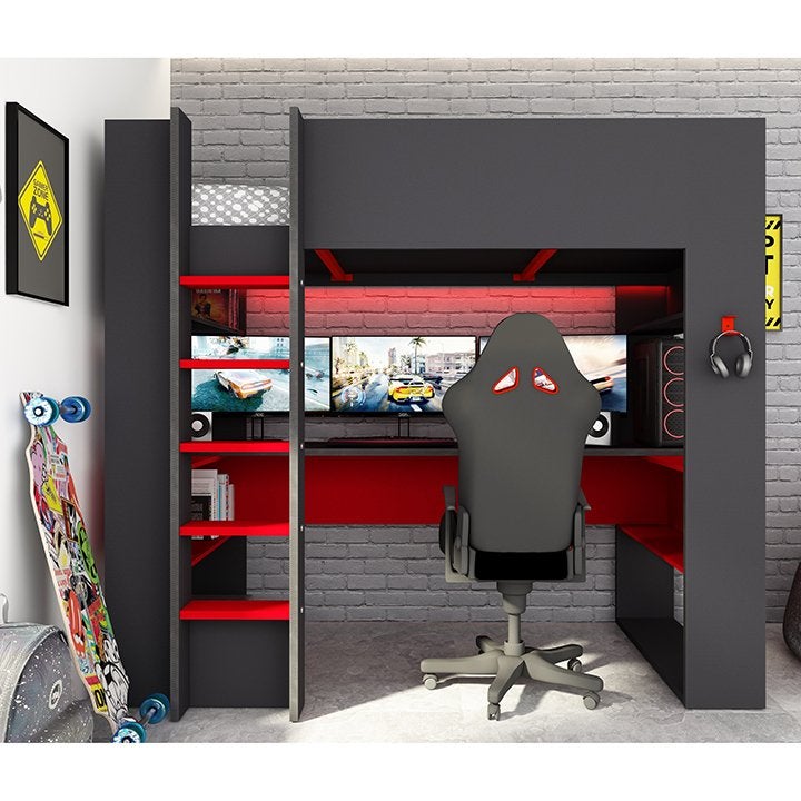 The Cube 5051 Gamingbed hoogslaper - 90x200 - Antraciet/rood, Niet ingevuld, Niet ingevuld, Niet ingevuld