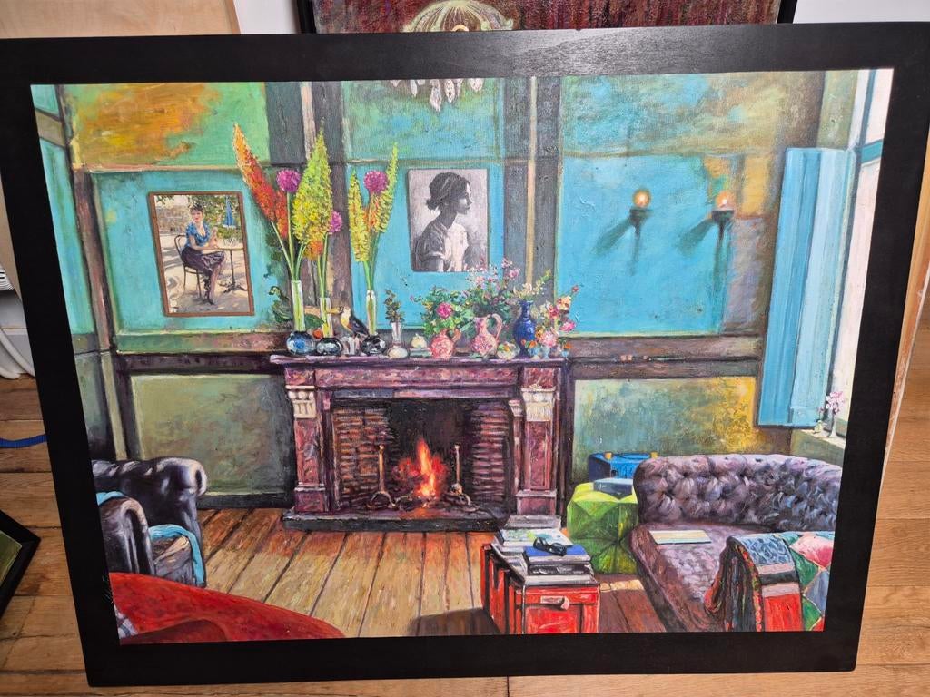 Groot schilderij 'Gezellige Huiskamer met Open Haard', Ophalen