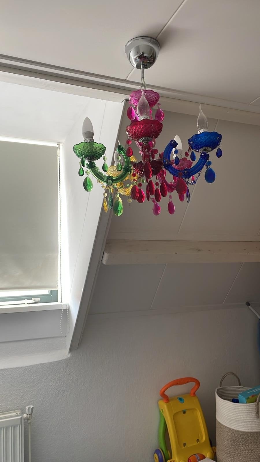 Kleurrijke kroonluchter., Huis en Inrichting, Lampen | Kroonluchters, Ophalen, Gebruikt, Glas, Speels, Kleurrijk