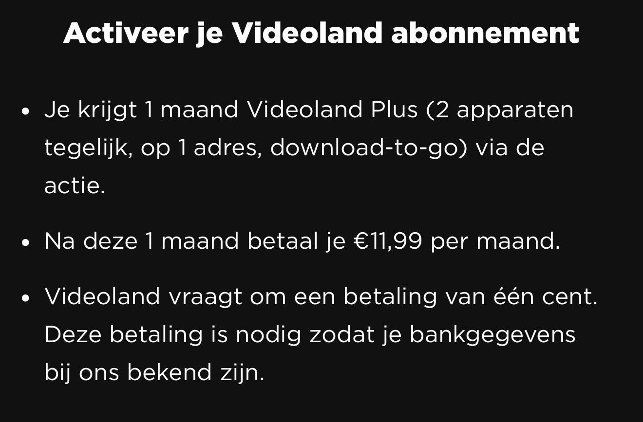 1 Maand Videoland Plus t.w.v. €11,99, Tickets en Kaartjes, Eén persoon, Cadeaubon, Overige typen