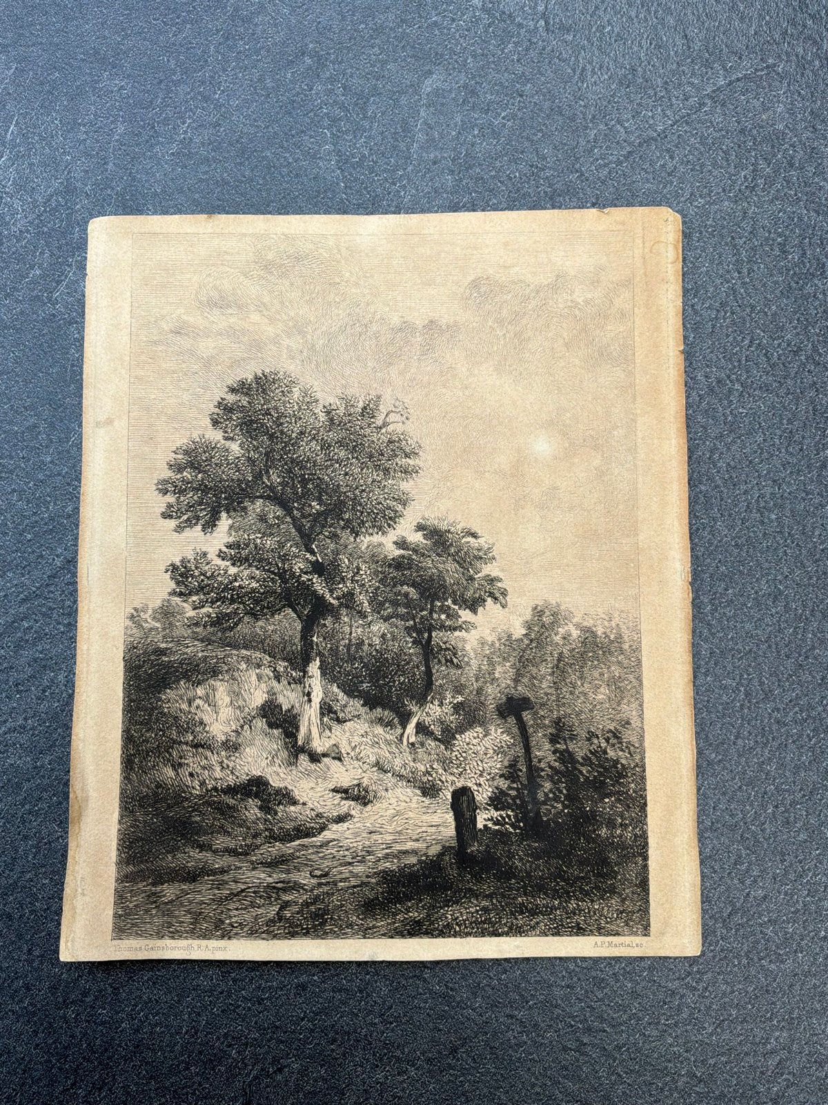 Antieke Ets 1875 - Thomas Gainsborough / A.P. Martial, 1800 - 1899, Ophalen of Verzenden, Landschap, Met tekst