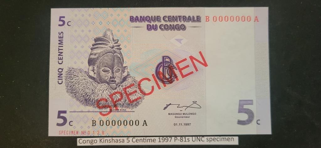 Congo Kinshasa 5 Centime 1997 P-81s UNC specimen, Postzegels en Munten, Bankbiljetten | Azië, Ophalen of Verzenden