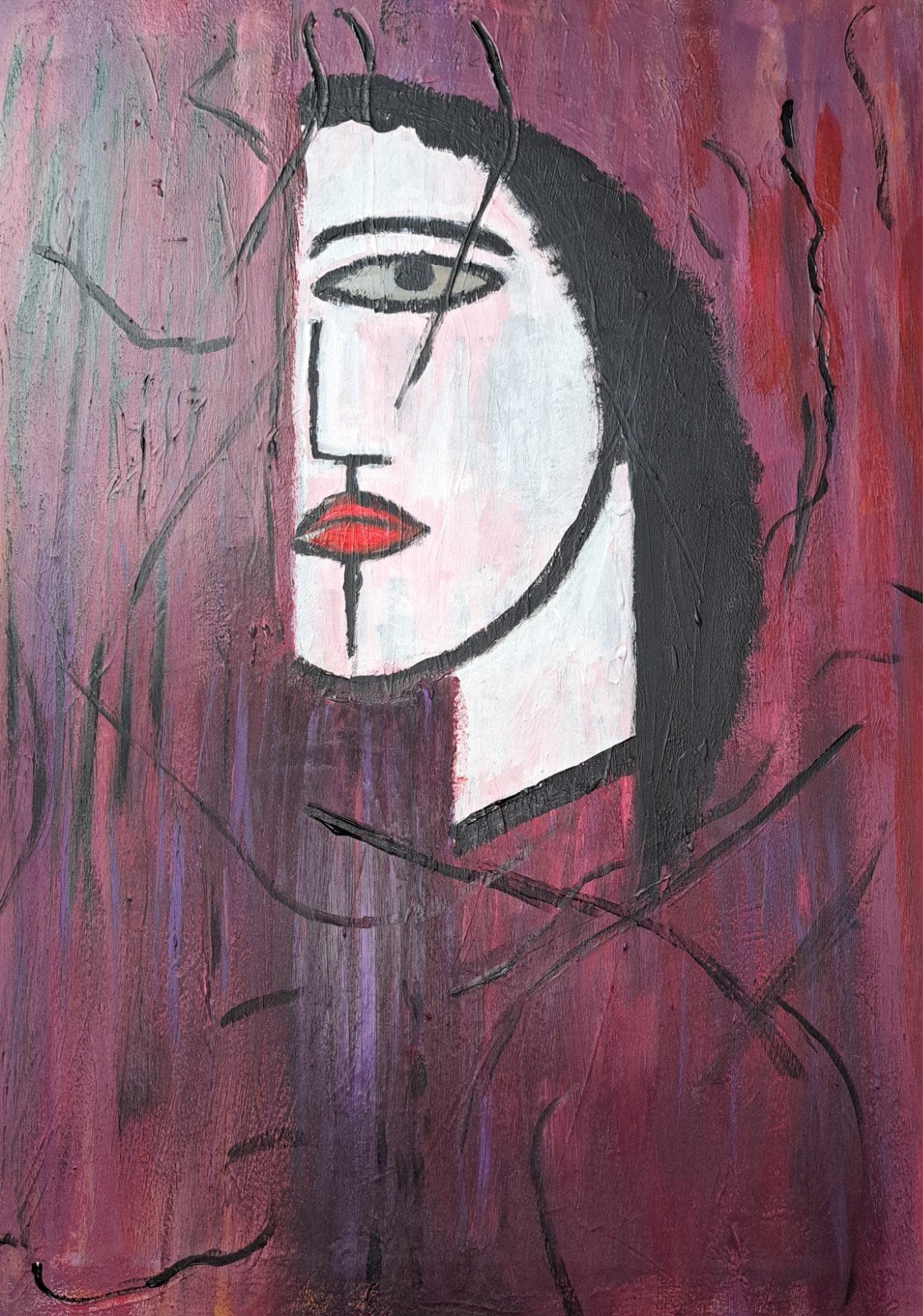 Modern Portret Schilderij - Abstracte Vrouw in Paars, Ophalen, Acrylverf, Met textuur, Overige materialen