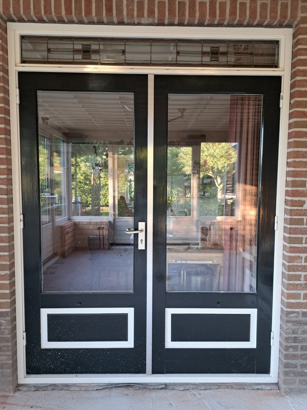 Meranti openslaande tuindeuren met glas in lood bovenlicht, Gebruikt, Overige typen, 150 tot 225 cm, Inclusief glas