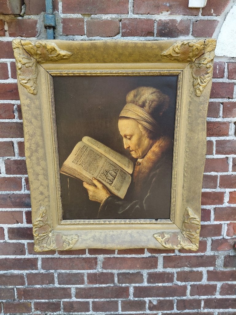 Schilderij, Bijbel lezende vrouw., Antiek en Kunst, Paneel, Nederlandse school, Verzenden, Portret of Personen