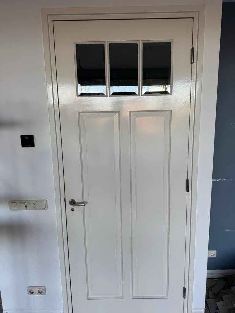 Hardhouten deur met geslepen glas (231x91,5), Doe-het-zelf en Verbouw, Deuren en Horren, Ophalen, Gebruikt, 80 tot 100 cm, 215 cm of meer