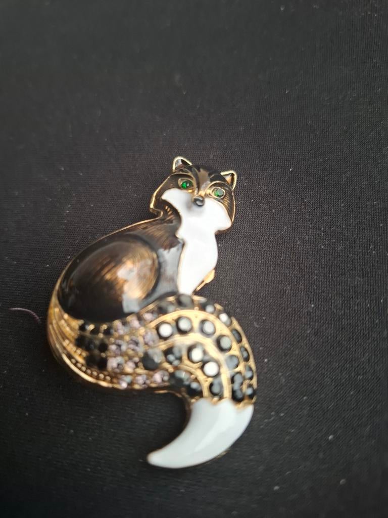 Vintage Vos Broche met Strass, Sieraden, Tassen en Uiterlijk, Broches, Nieuw, Overige materialen, Zwart, 4 tot 7 cm, Met strass