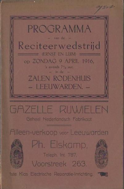 Programma Reciteerwedstr. 9 april 1916 Zaal Rodenhuis L'den, Ophalen of Verzenden, Gelezen