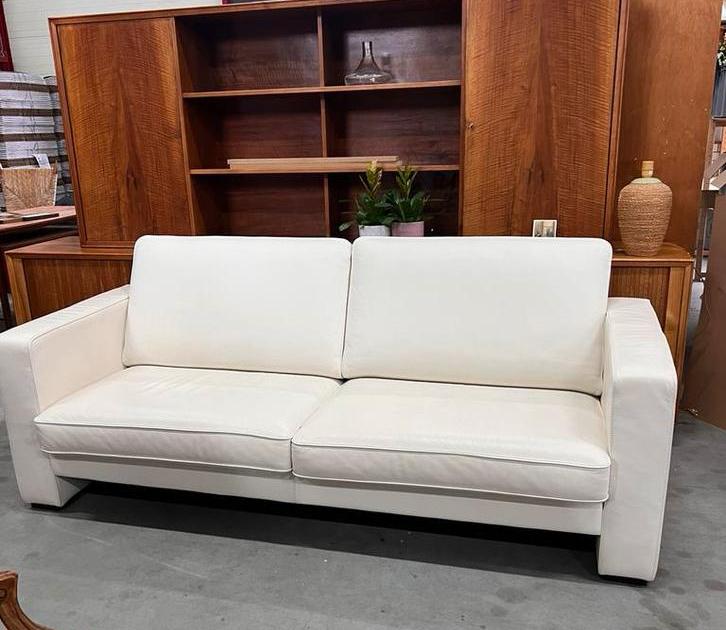 Witte leren 3-zits designbank 211 cm breed, D, 75 tot 100 cm, Ophalen of Verzenden, Zo goed als nieuw