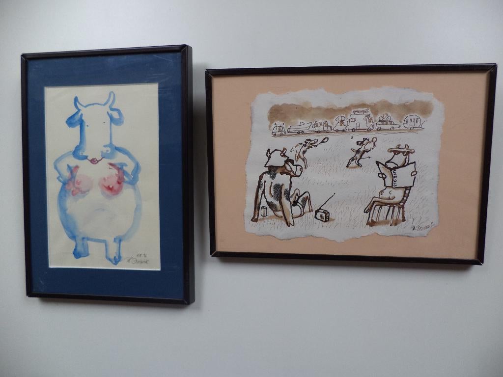 2x humoristische akwarel watercolor/paper koeien gesigneerd, Ophalen of Verzenden