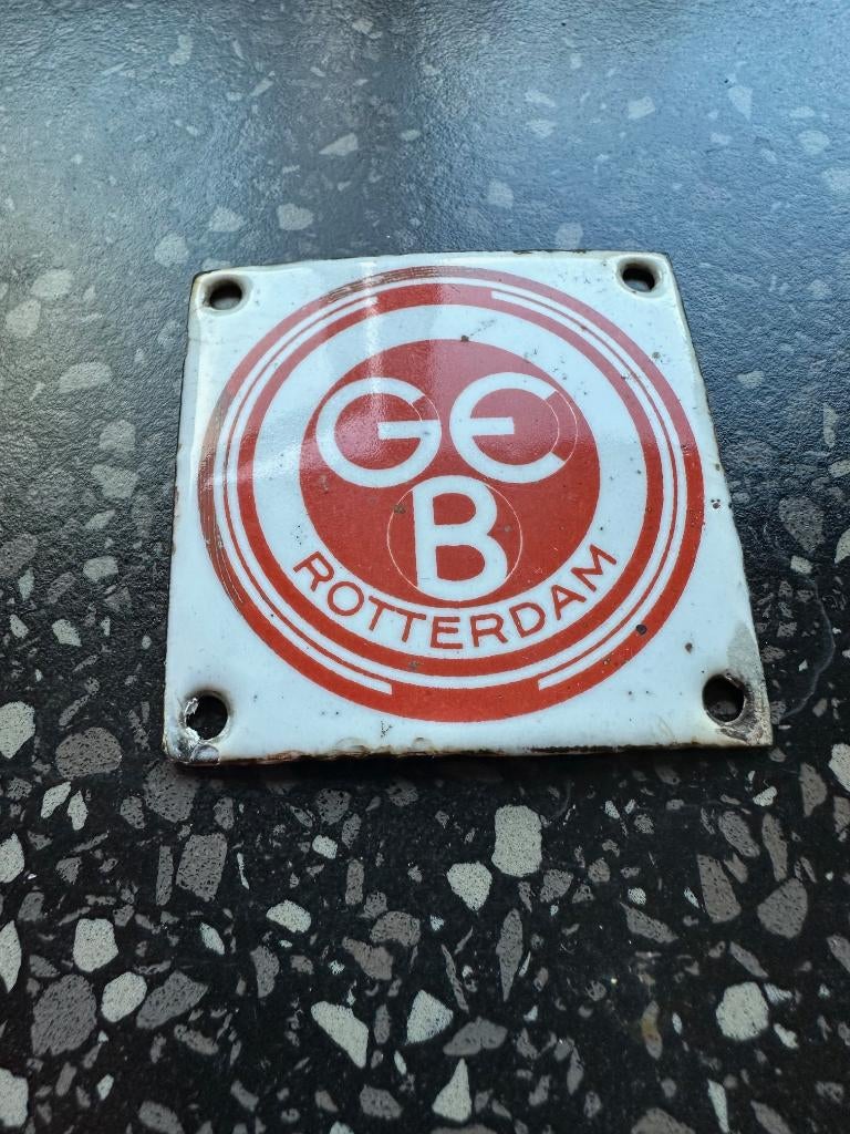 Emaille GEB Rotterdam deurpostje. 7 x 7 cm., Verzamelen, Merken en Reclamevoorwerpen, Ophalen of Verzenden, Gebruikt, Reclamebord
