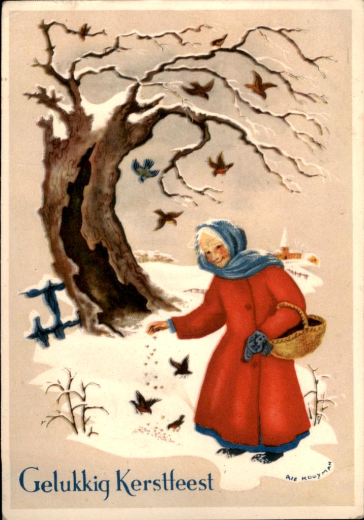 Voor het kind, vrouwtje voert vogels, Rie Kooyman 1950, Verzenden, 1940 tot 1960, Ongelopen, Feest(dag)