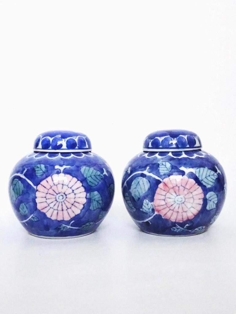 2x Vintage 70s gemberpot gemberpotten blauw wit roze bloemen, Ophalen