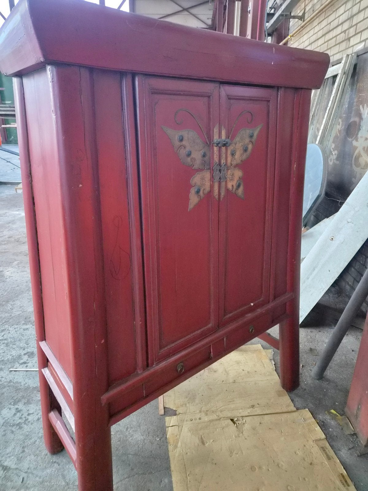 Antieke Chinese Vlinderkast - Rood Houten Kast, Ophalen