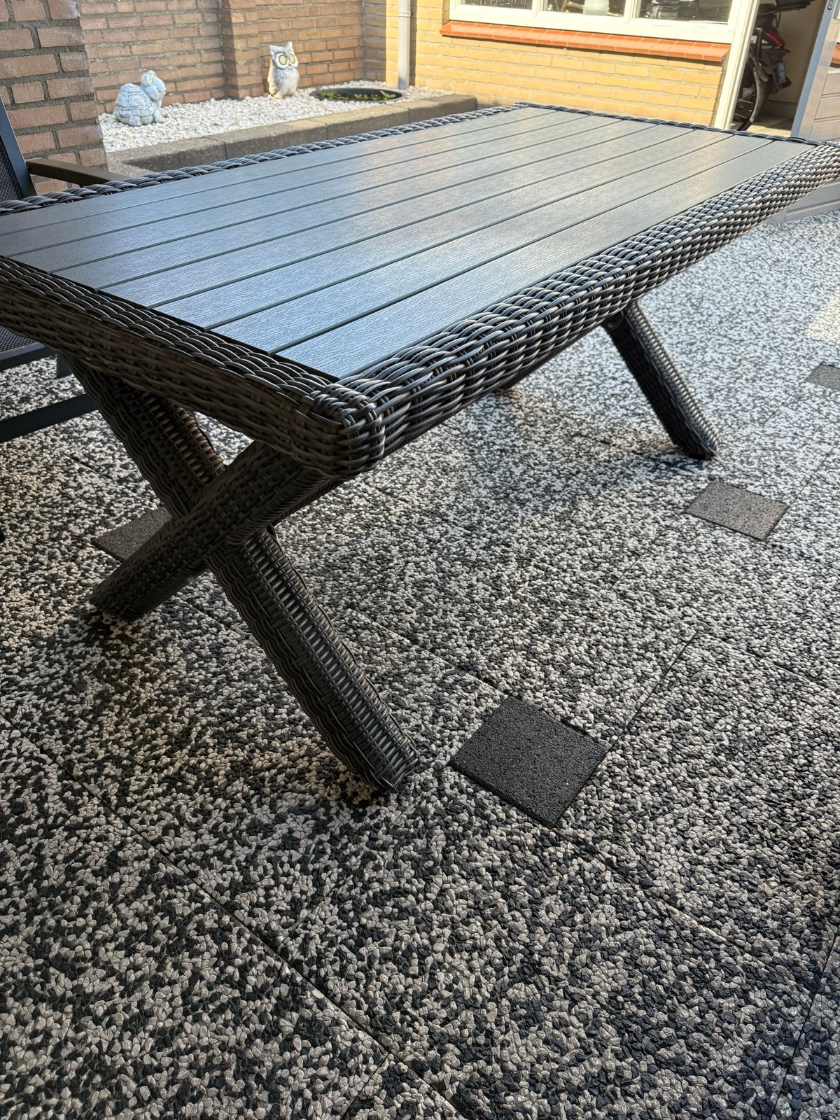 Tuintafel 180x90 kunststof planken met rotan, Ophalen, Zo goed als nieuw, Rechthoekig, Kunststof