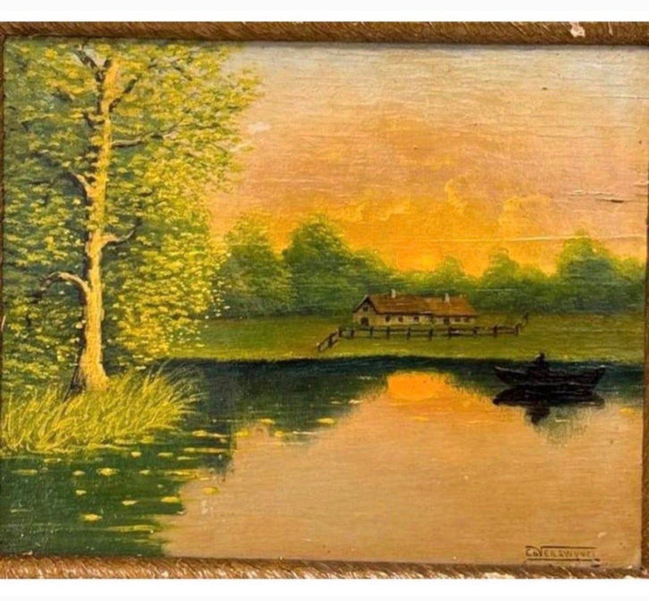 EDVER SWYVEL - Schilderij landschaps scène zonsondergang, Ophalen of Verzenden, Landschap