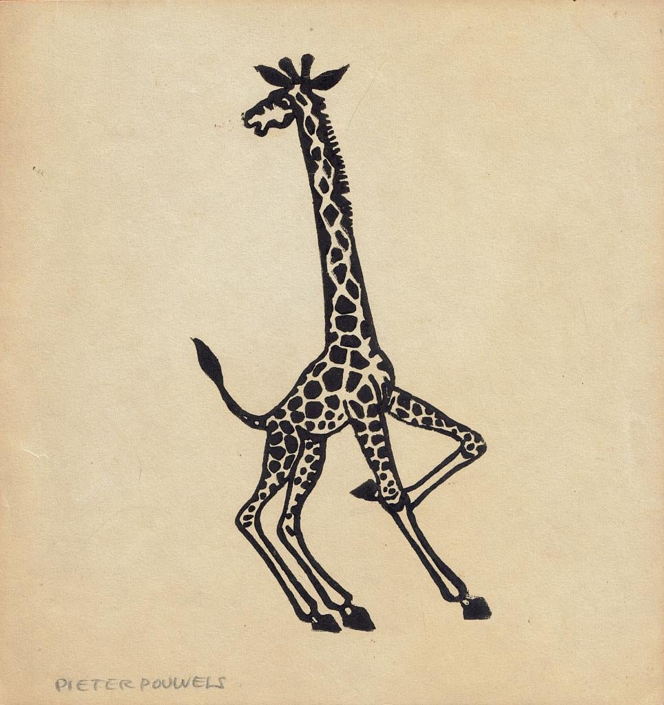 Pieter Pouwels linosnede "Giraffe", gesigneerd, Huis en Inrichting, Ophalen, Minder dan 50 cm, Gebruikt, Oorspronkelijke maker